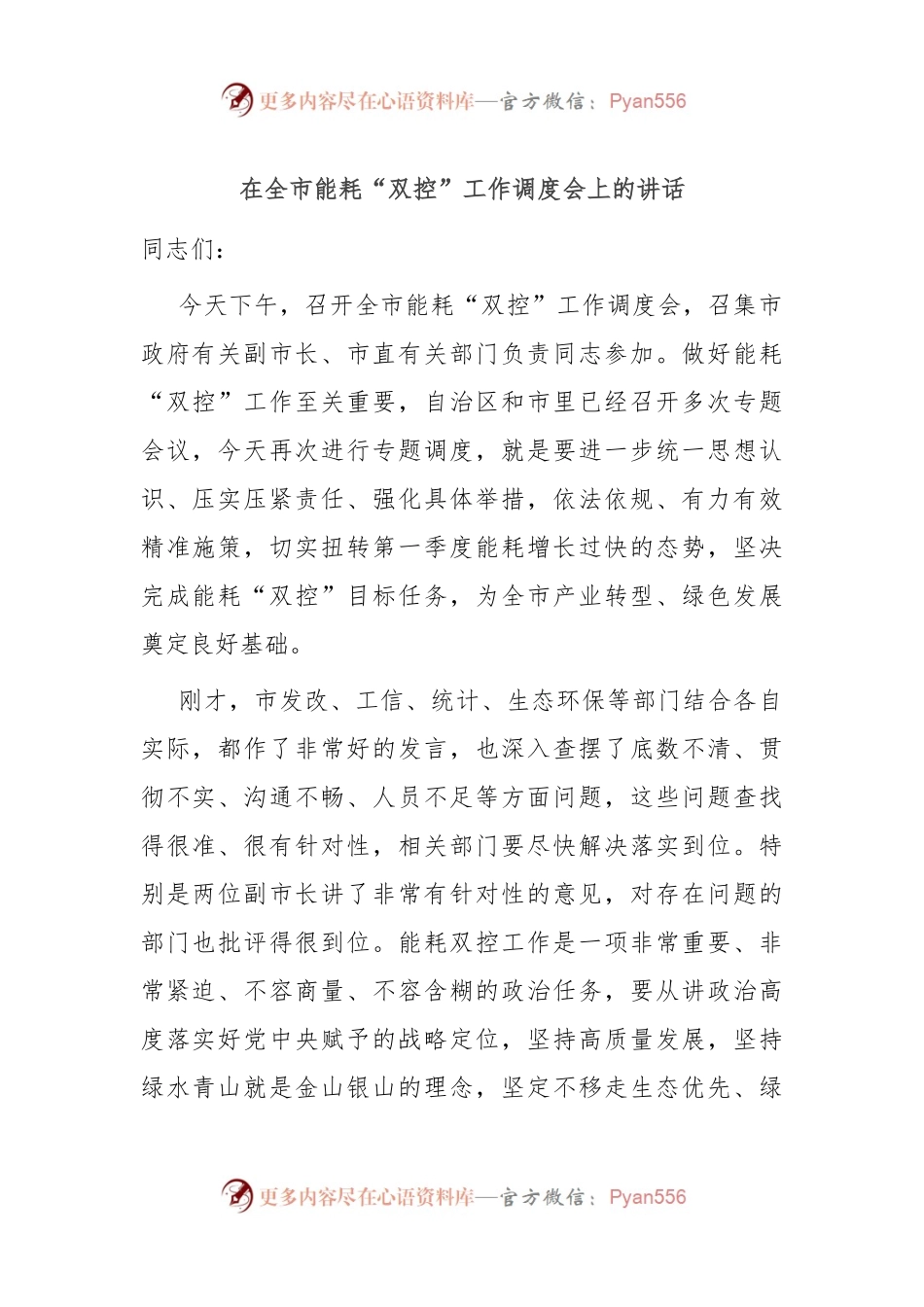 在全市能耗“双控”工作调度会上的讲话.docx_第1页
