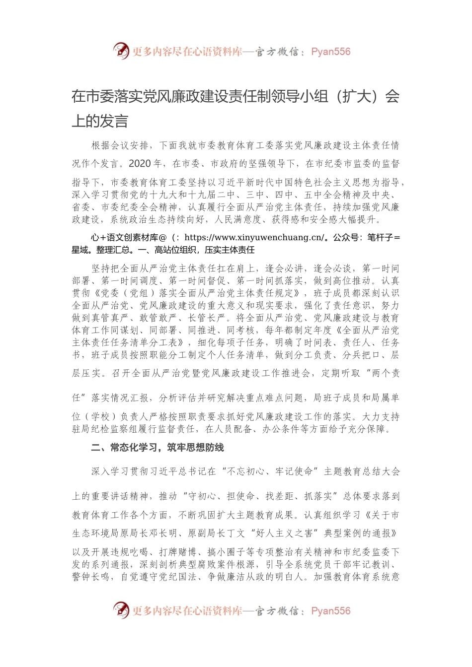 在市委落实党风廉政建设责任制领导小组（扩大）会上的发言.docx_第1页