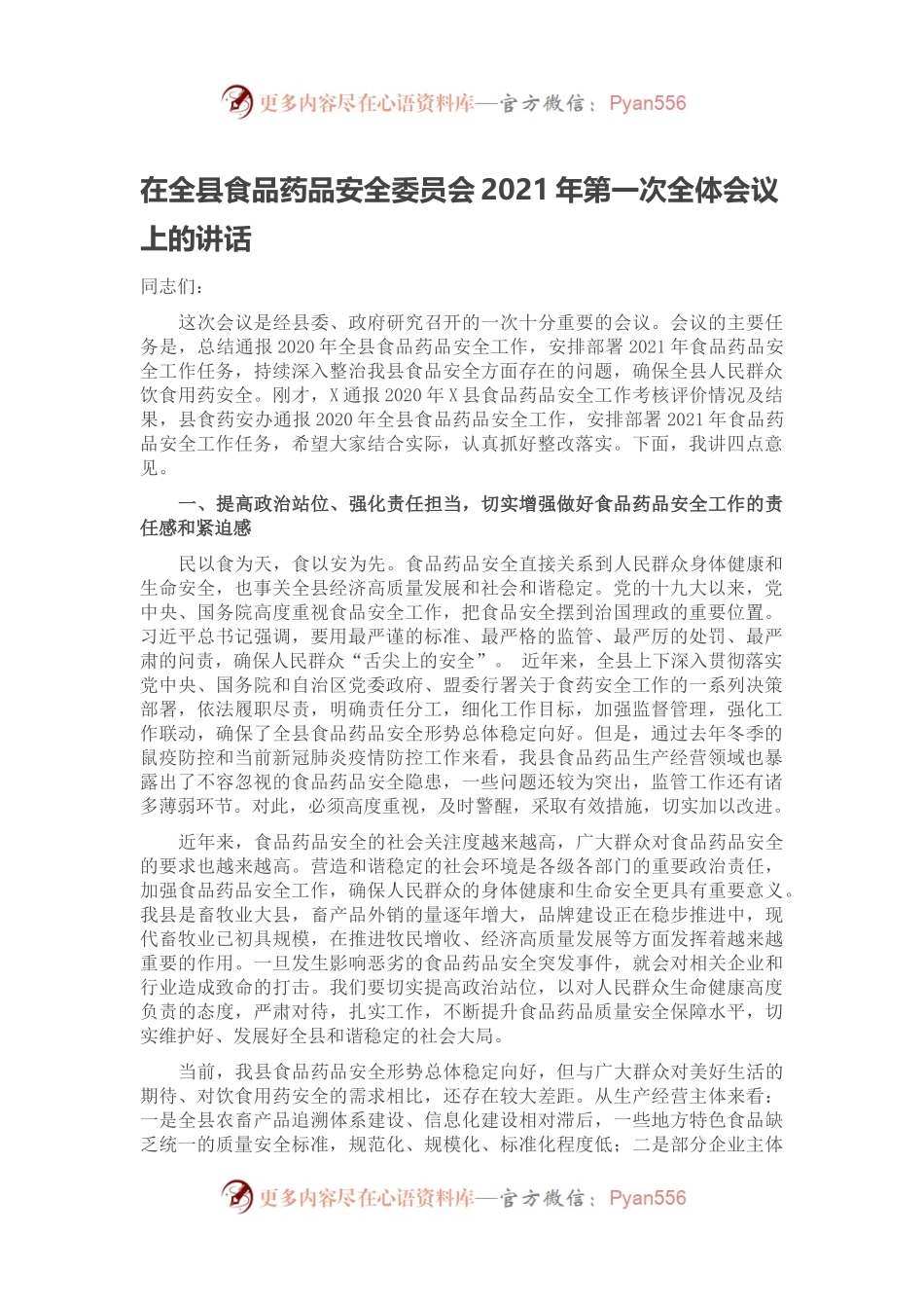 在全县食品药品安全委员会2021年第一次全体会议上的讲话.docx_第1页