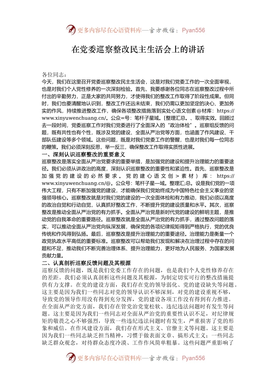 在党委巡察整改民主生活会上的讲话.docx_第1页