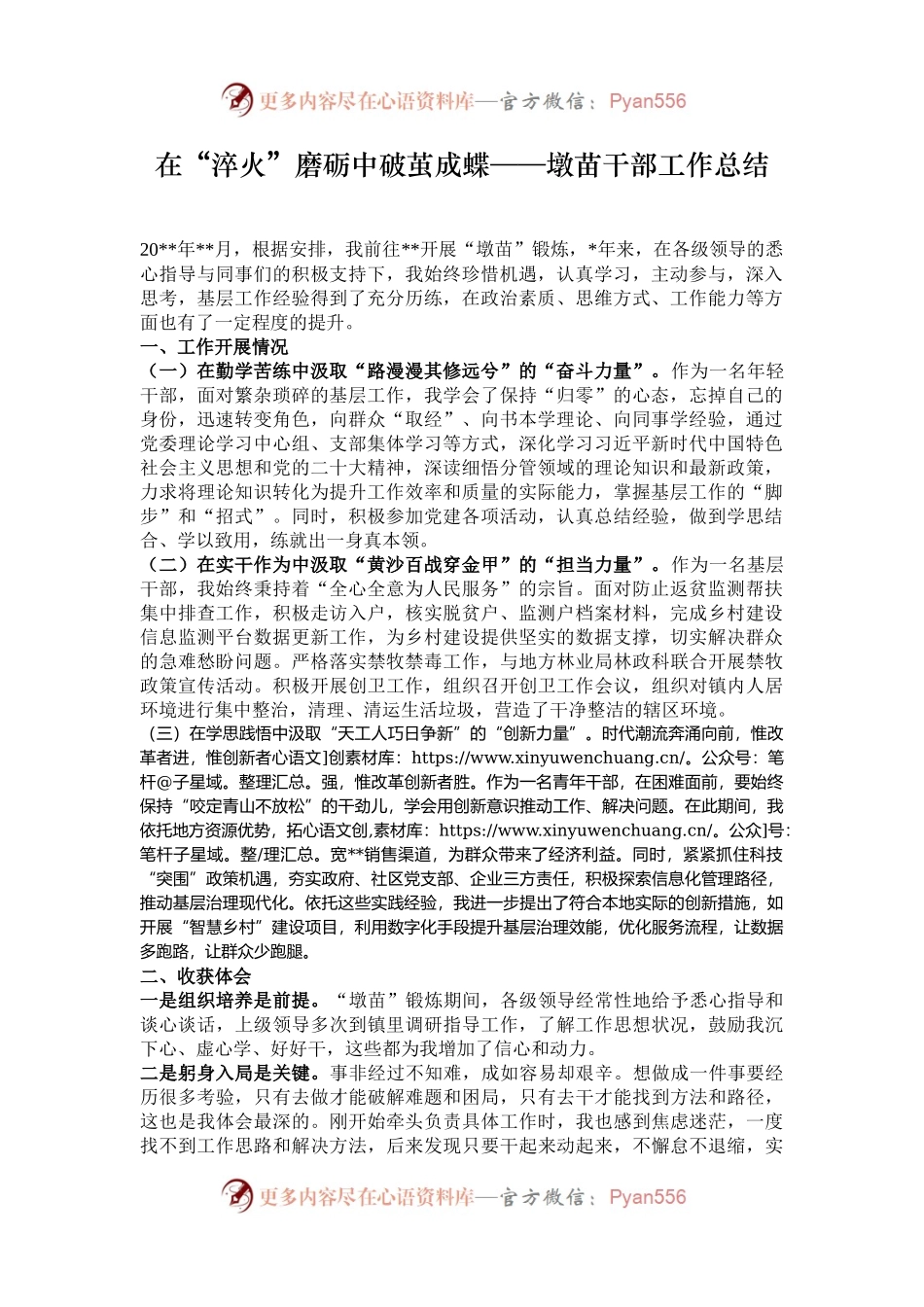 在“淬火”磨砺中破茧成蝶——墩苗干部工作总结.docx_第1页
