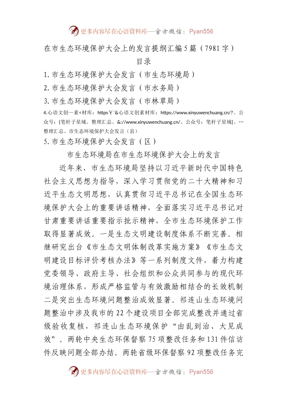在市生态环境保护大会上的发言提纲汇编5篇.docx_第1页