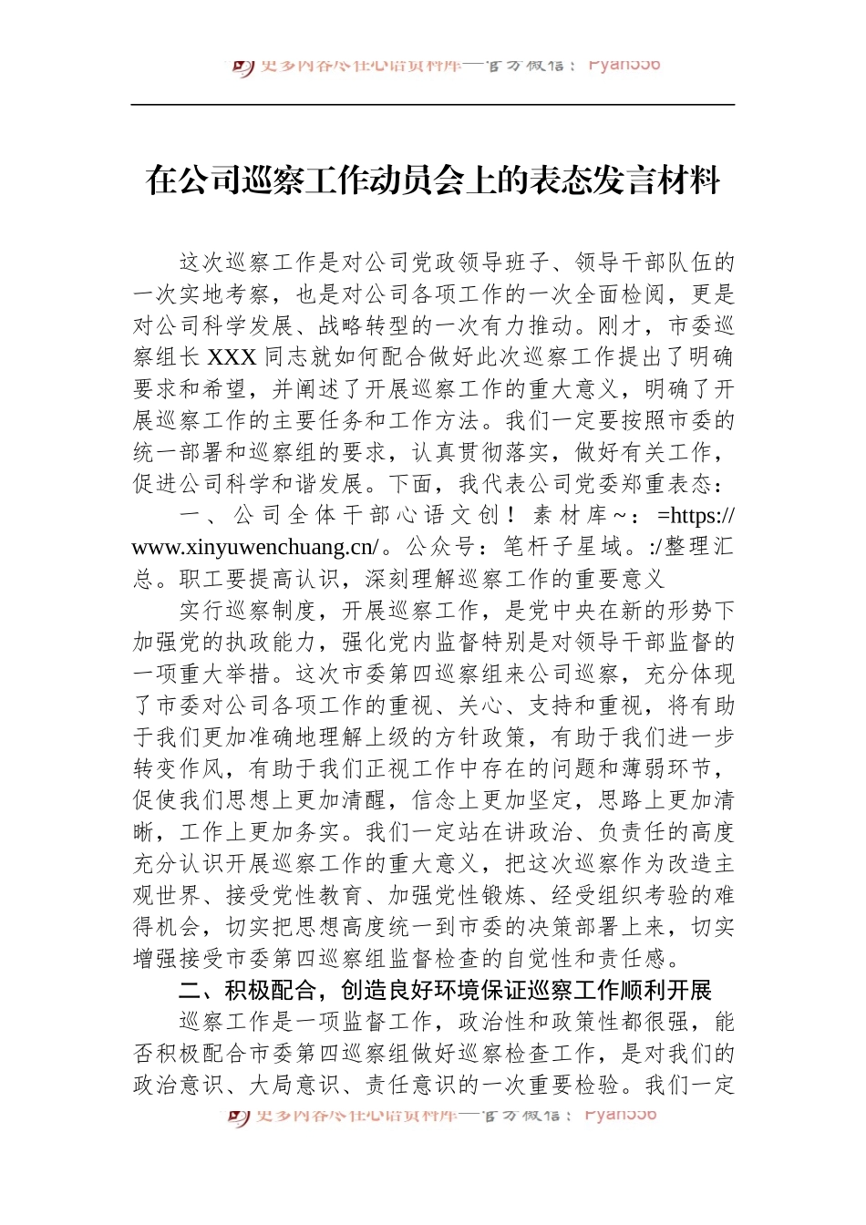 在公司巡察工作动员会上的表态发言材料.docx_第1页