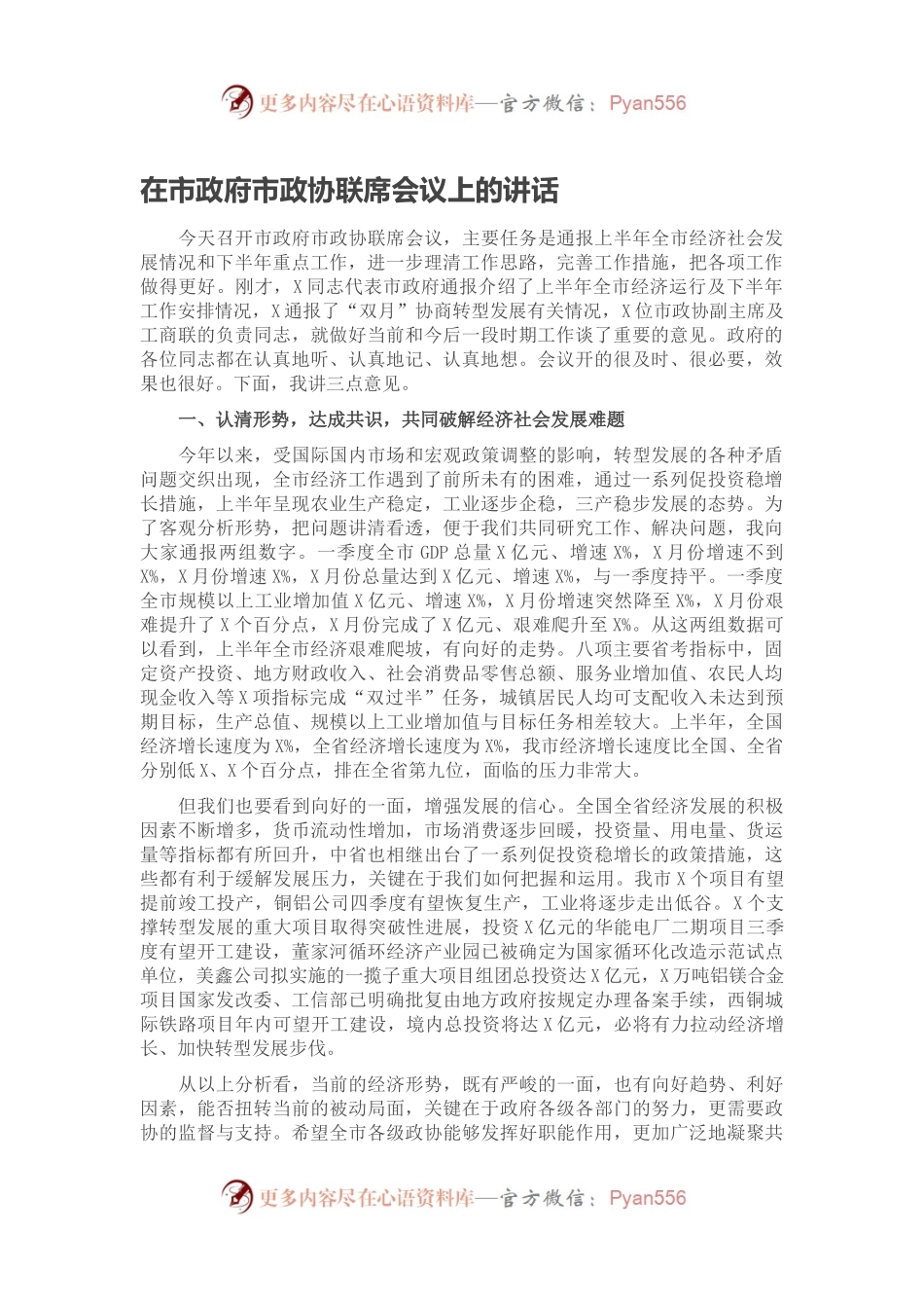 在市政府市政协联席会议上的讲话.docx_第1页