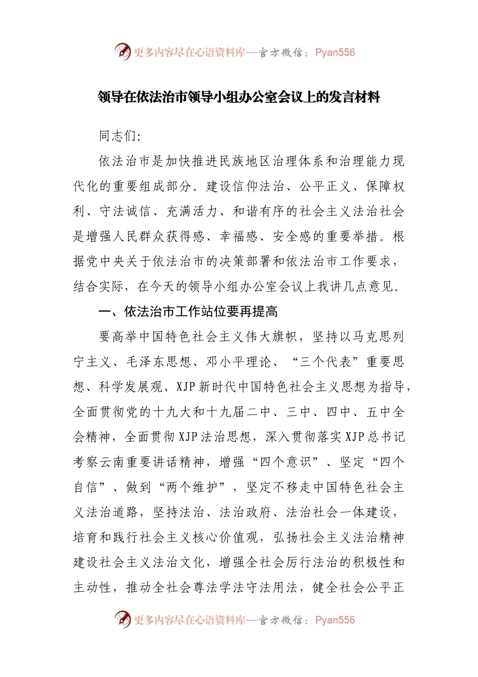 在依法治市领导小组办公室会议上的发言材料.docx_第1页
