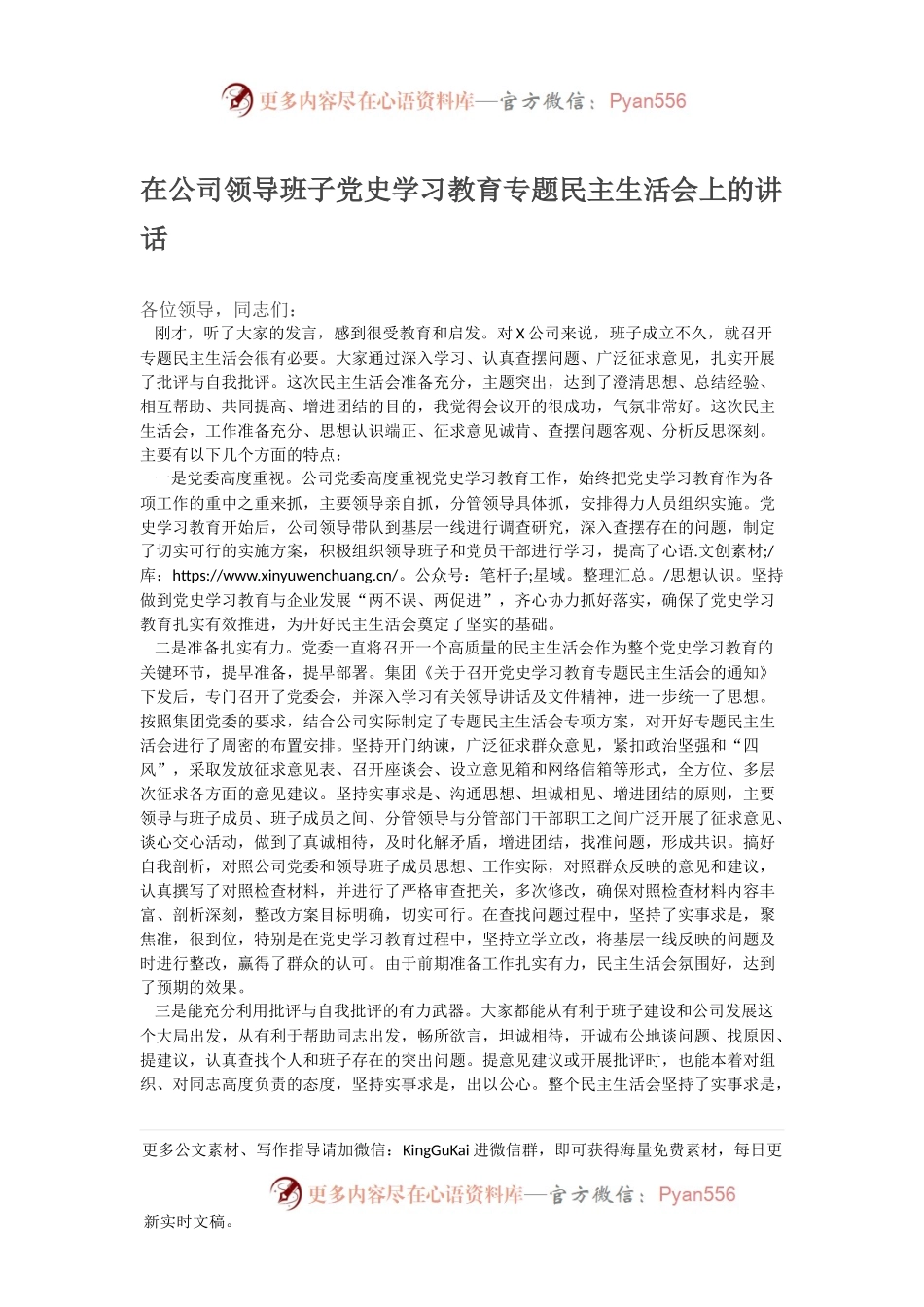 在公司领导班子党史学习教育专题民主生活会上的讲话224351.docx_第1页