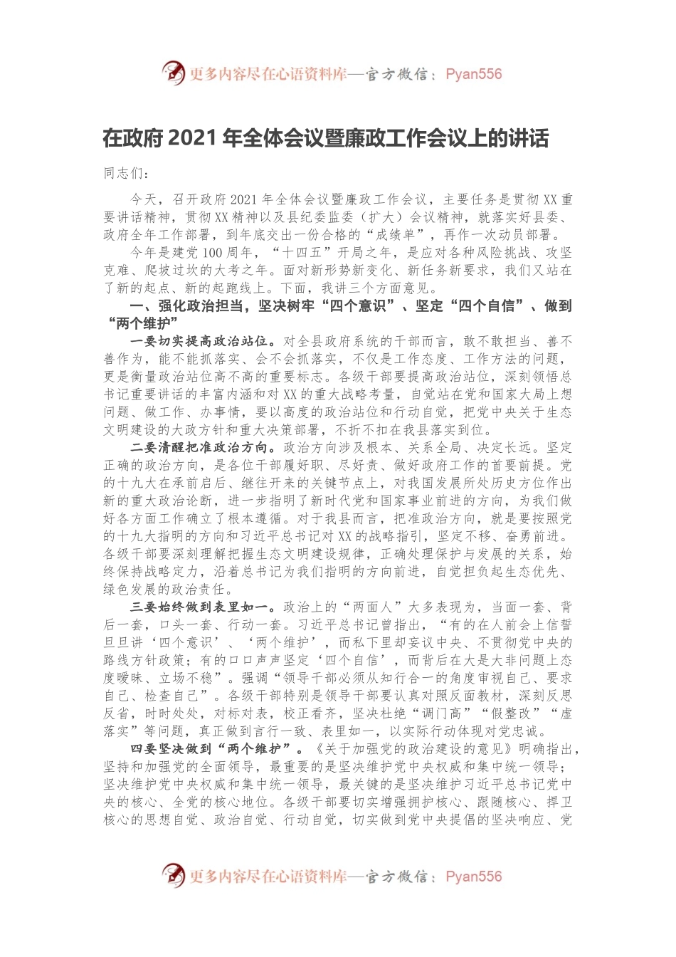 在政府2021年全体会议暨廉政工作会议上的讲话.docx_第1页