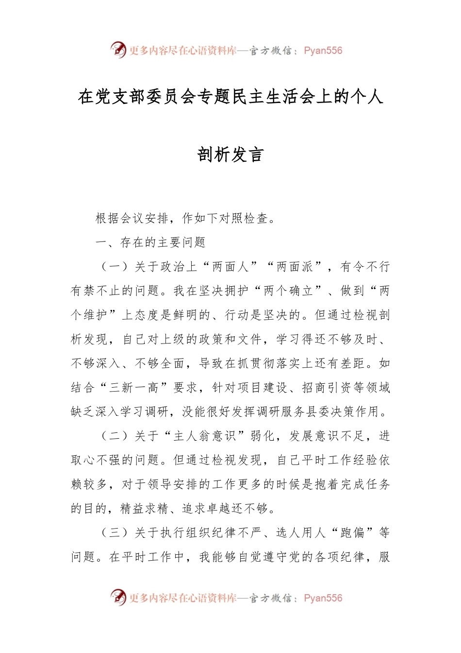 在党支部委员会专题民主生活会上的个人剖析发言.docx_第1页