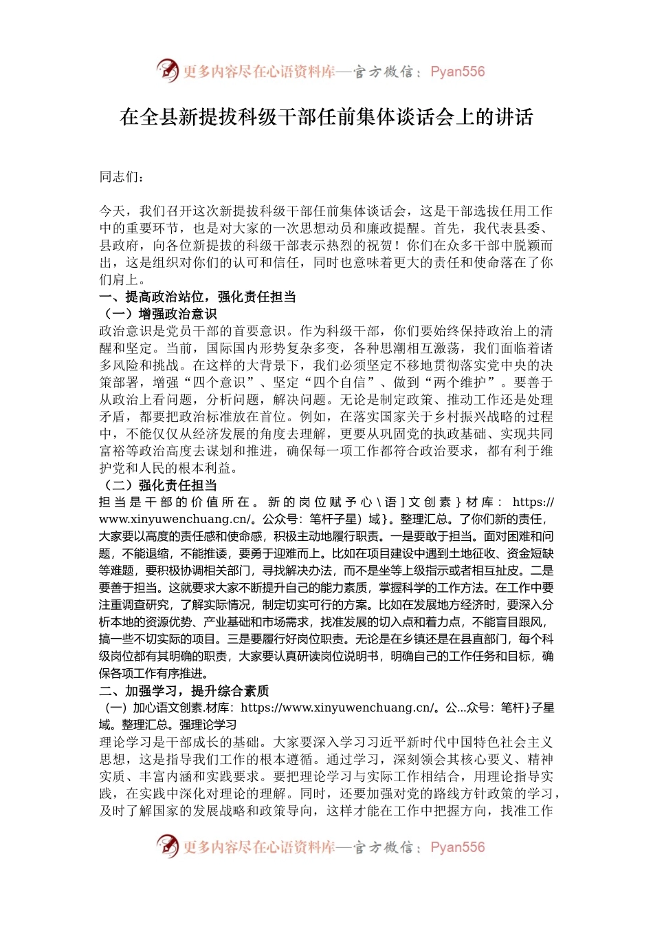 在全县新提拔科级干部任前集体谈话会上的讲话.docx_第1页