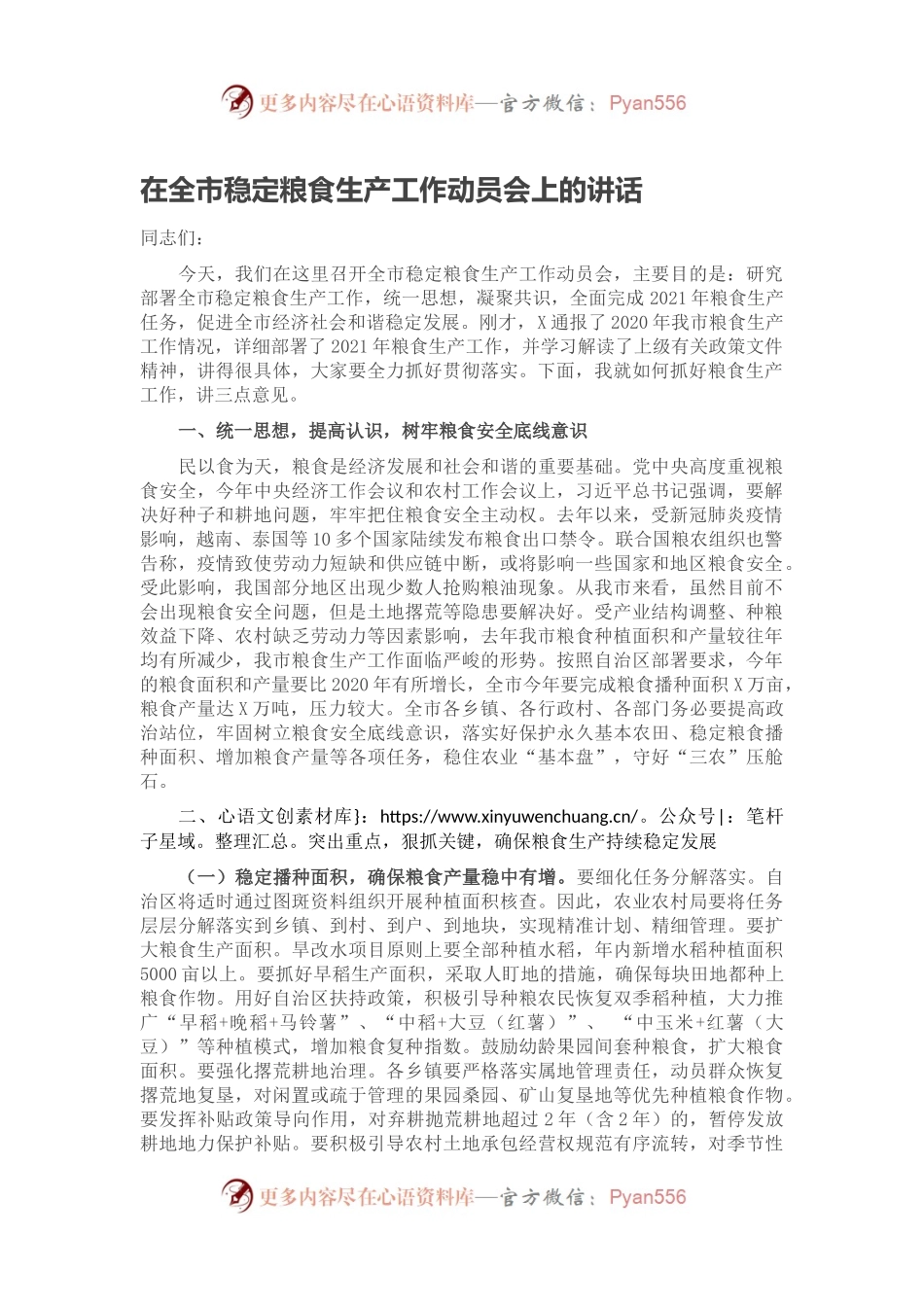 在全市稳定粮食生产工作动员会上的讲话.docx_第1页