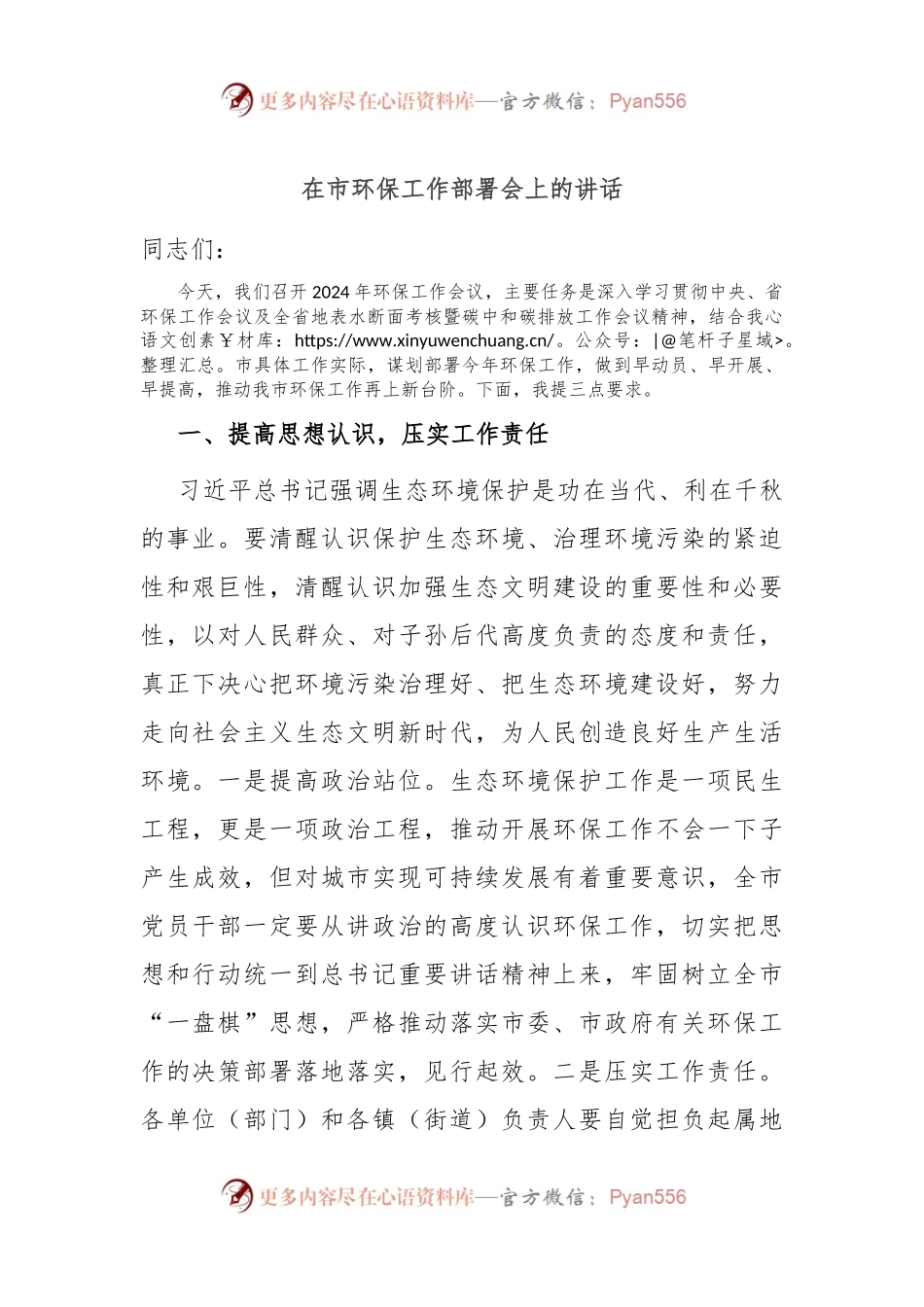 在市环保工作部署会上的讲话稿.docx_第1页