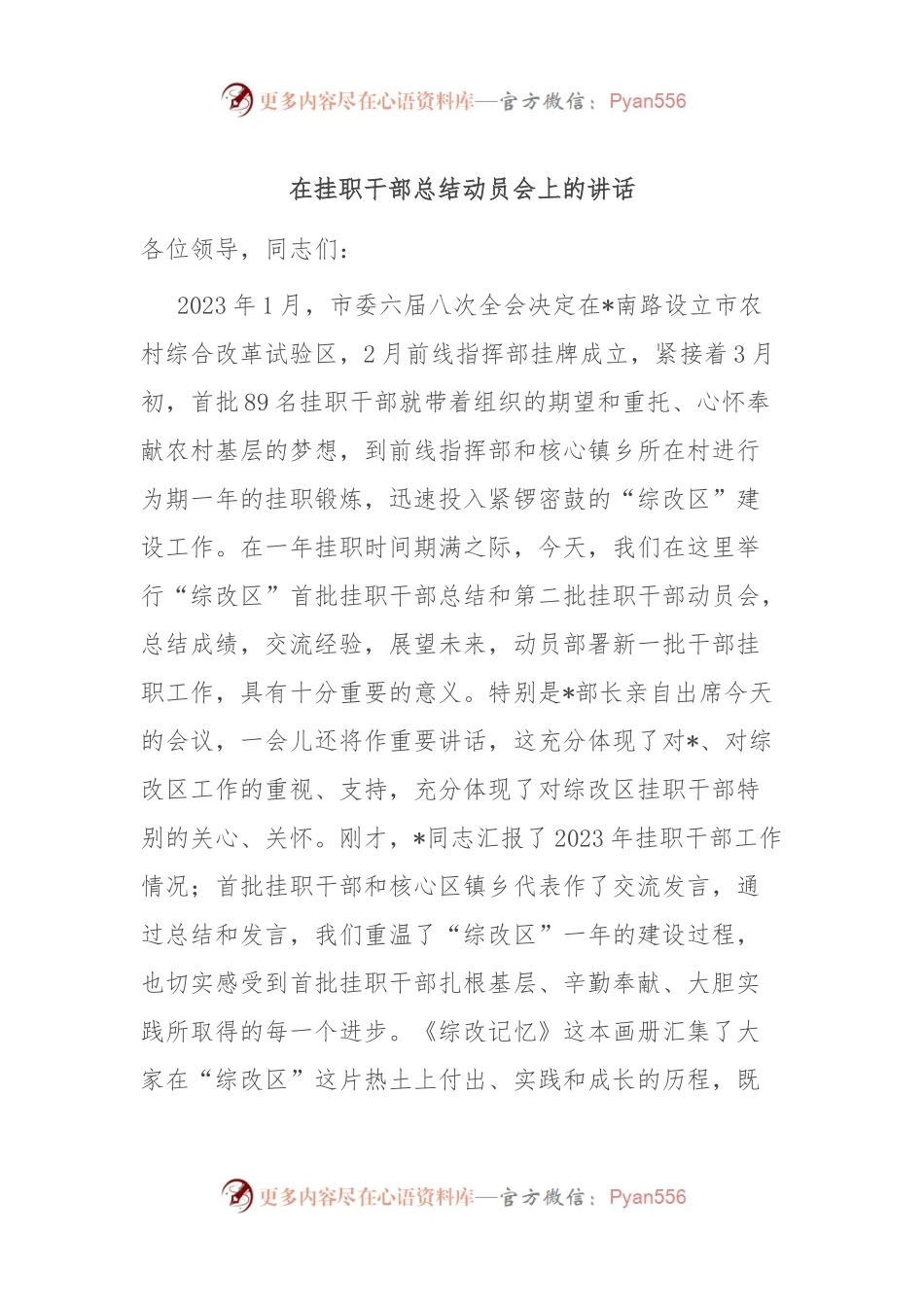 在挂职干部总结动员会上的讲话稿.docx_第1页