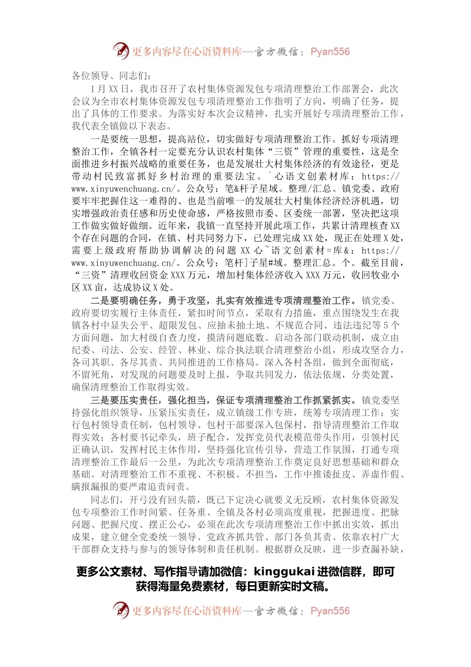 在全区农村集体资源发包专项清理整治工作动员部署会议上的表态发言.docx_第1页