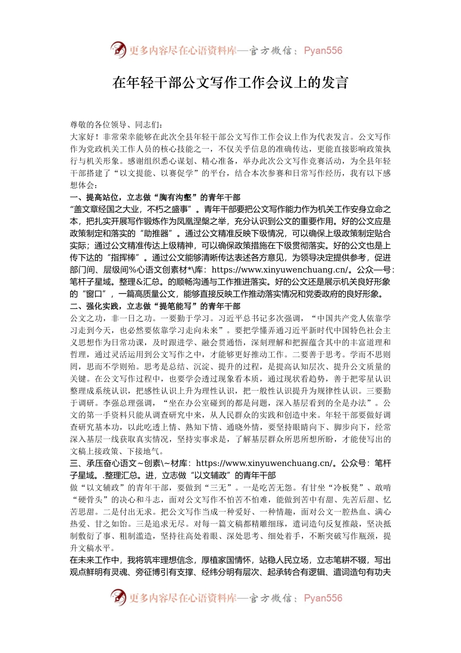 在年轻干部公文写作工作会议上的发言.docx_第1页