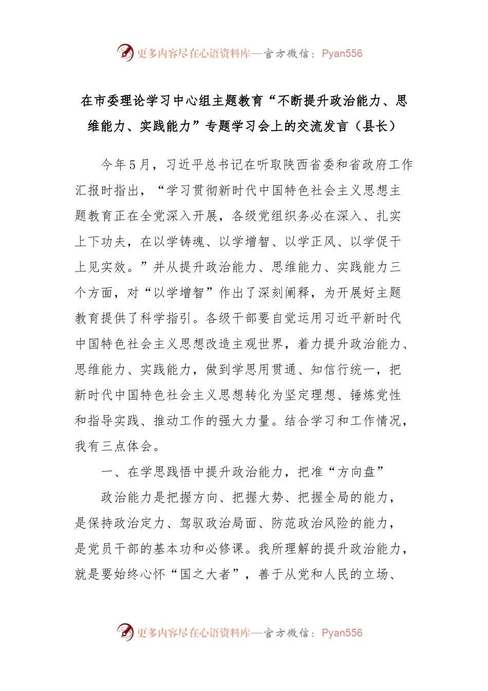 在市委理论学习中心组主题教育“不断提升政治能力、思维能力、实践能力”专题学习会上的交流发言稿（县长）.docx_第1页