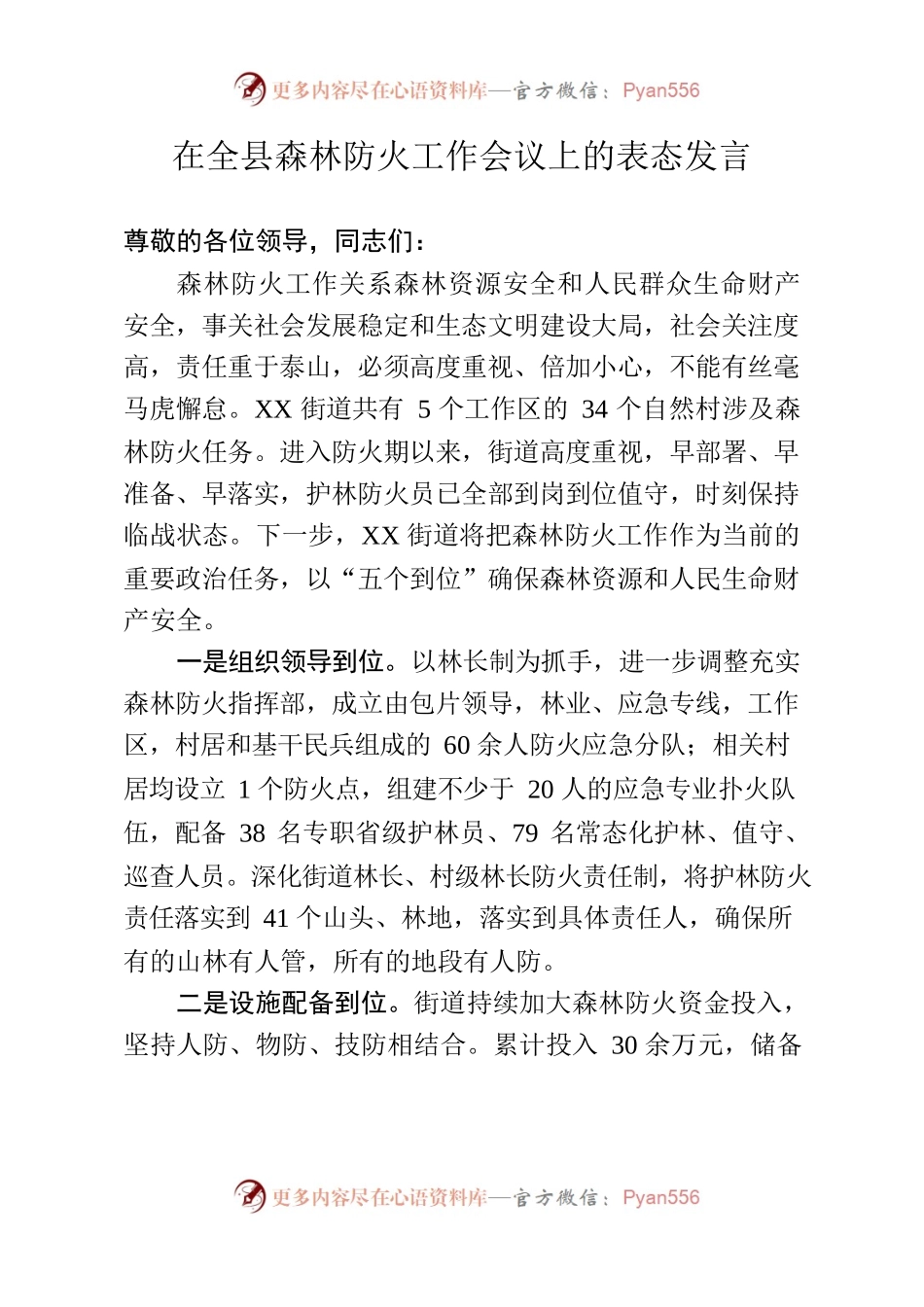 在全县森林防火工作会议上的表态发言.docx_第1页