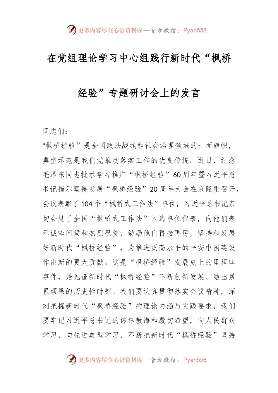 在党组理论学习中心组践行新时代“枫桥经验”专题研讨会上的发言.docx_第1页