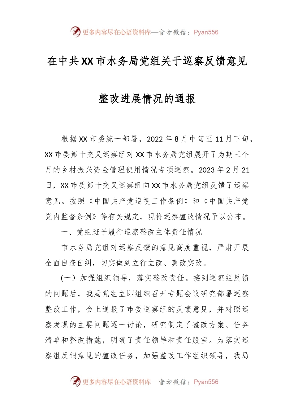 在中共XX市水务局党组关于巡察反馈意见整改进展情况的通报.docx_第1页