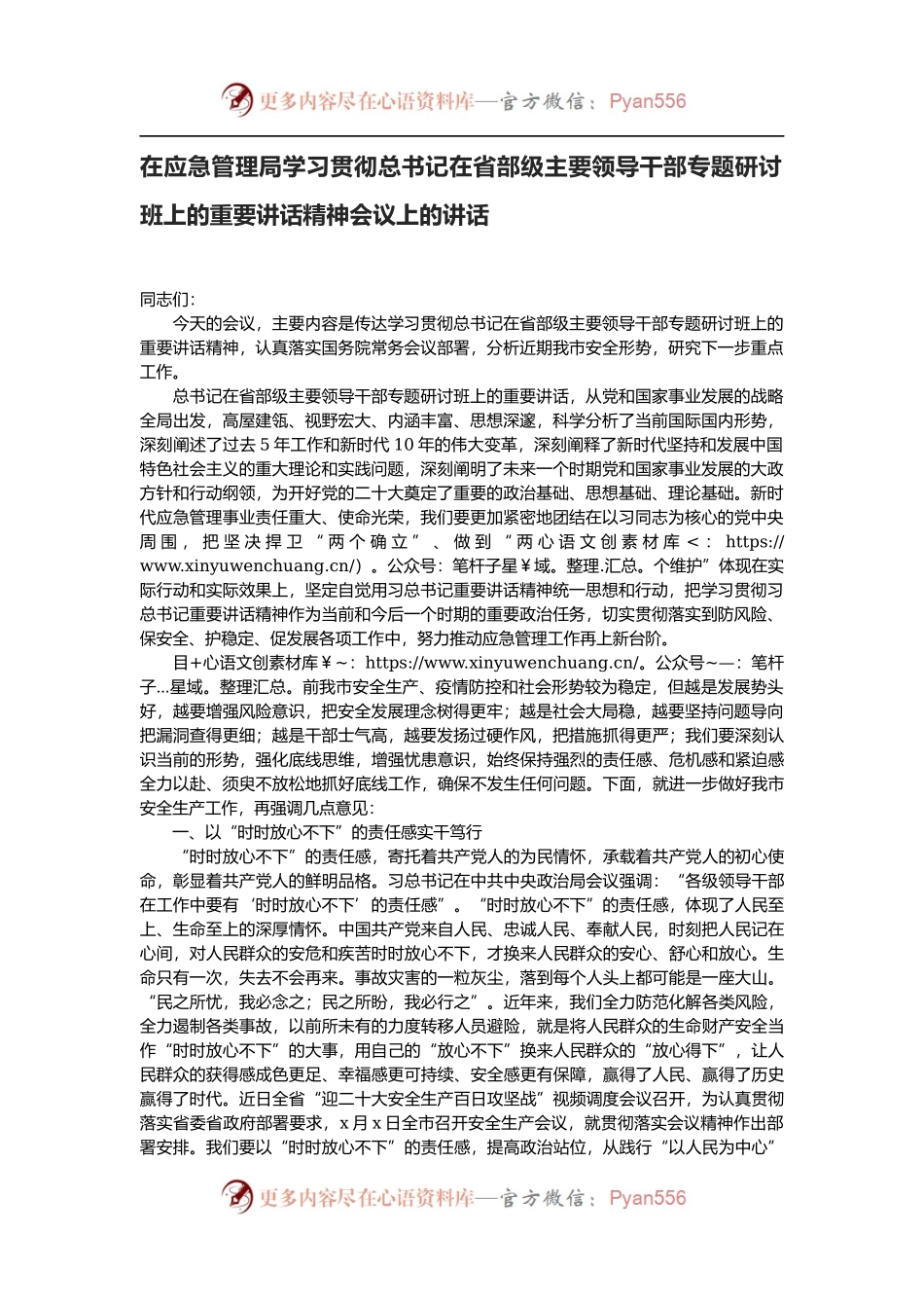 在应急管理局学习贯彻总书记在省部级主要领导干部专题研讨班上的重要讲话精神会议上的讲话.docx_第1页
