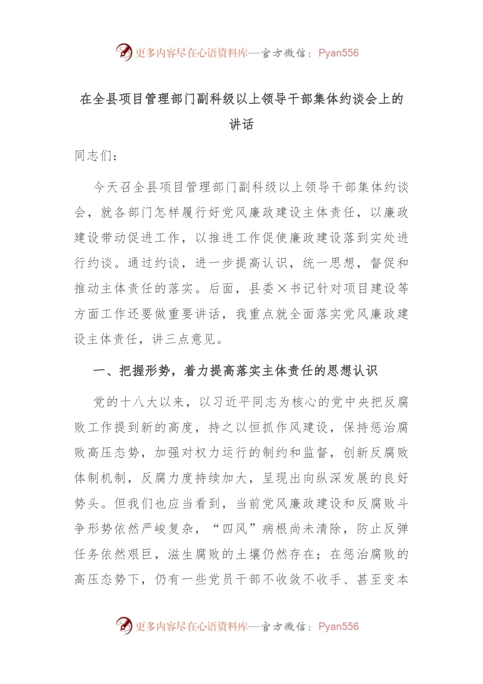 在全县项目管理部门副科级以上领导干部集体约谈会上的讲话.docx_第1页