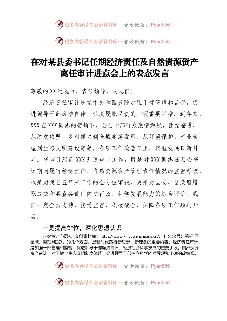 在对某县委书记任期经济责任及自然资源资产离任审计进点会上的表态发言.docx_第1页