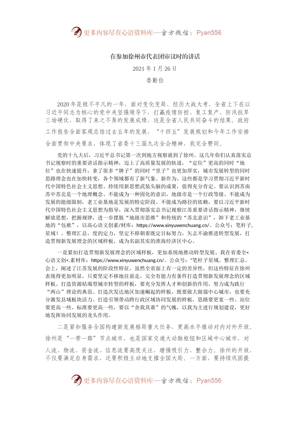 在参加徐州市代表团审议时的讲话.docx_第1页