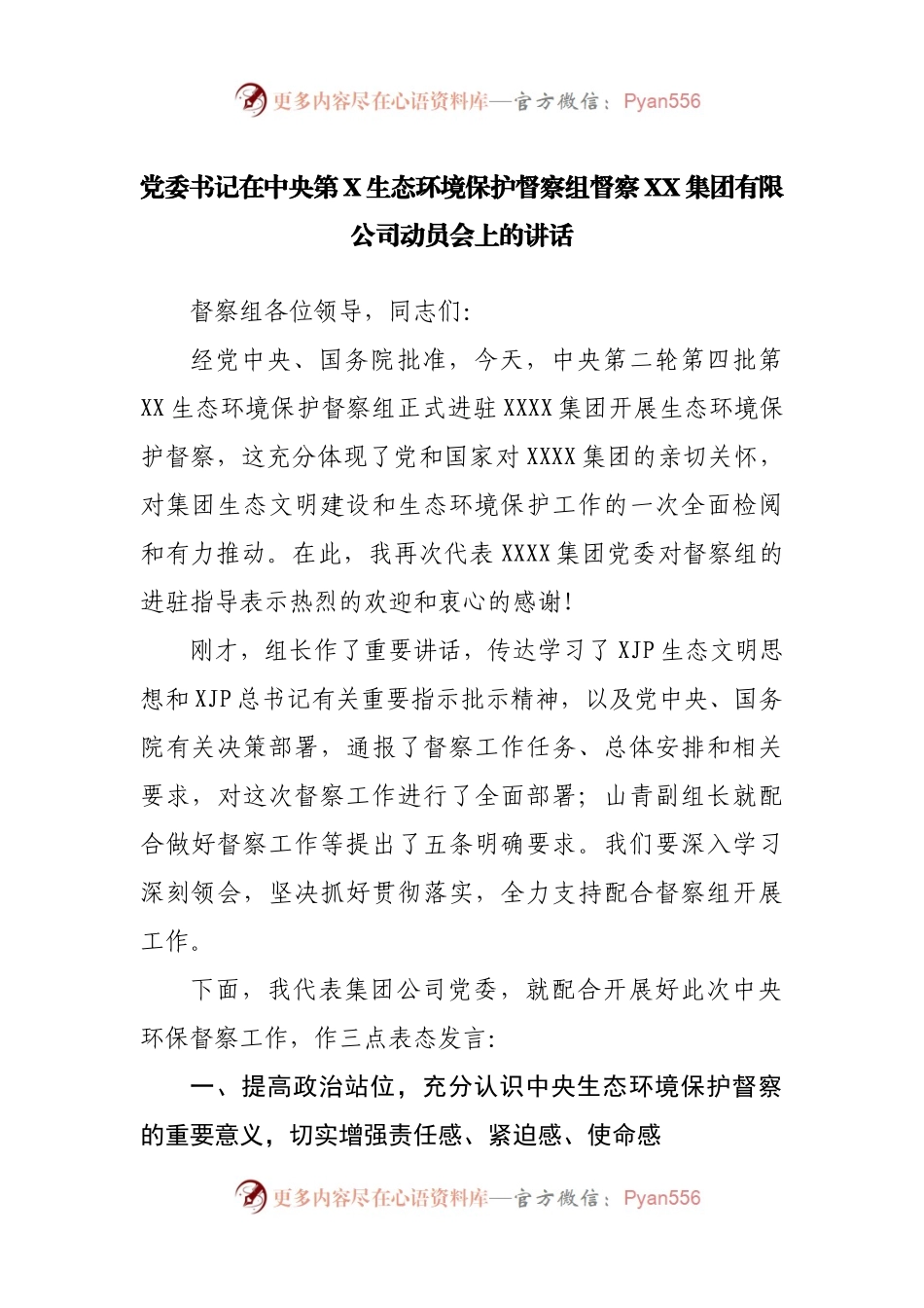 在中央第X生态环境保护督察组督察XX集团有限公司动员会上的讲话.docx_第1页