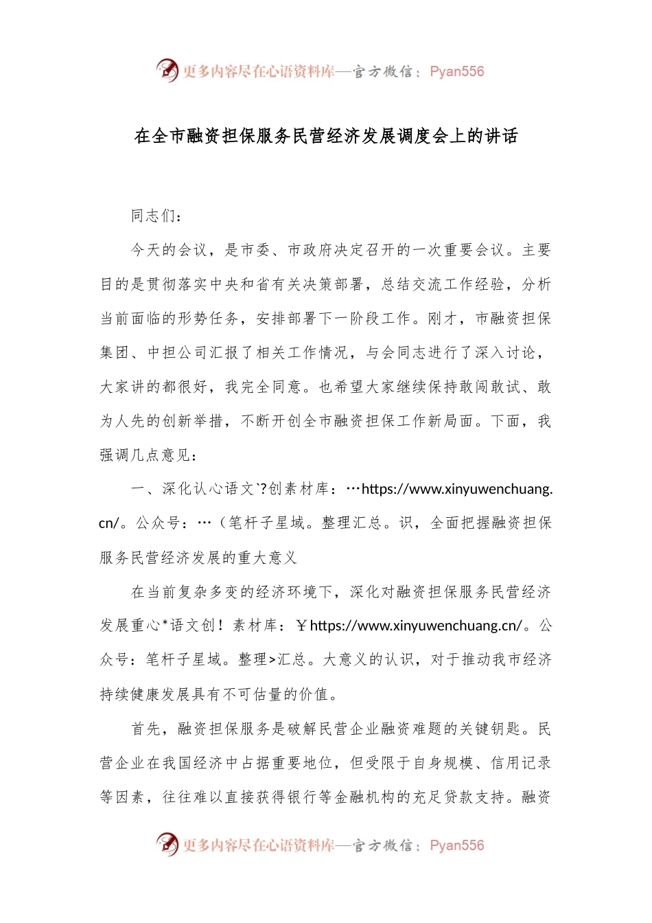在全市融资担保服务民营经济发展调度会上的讲话.docx_第1页