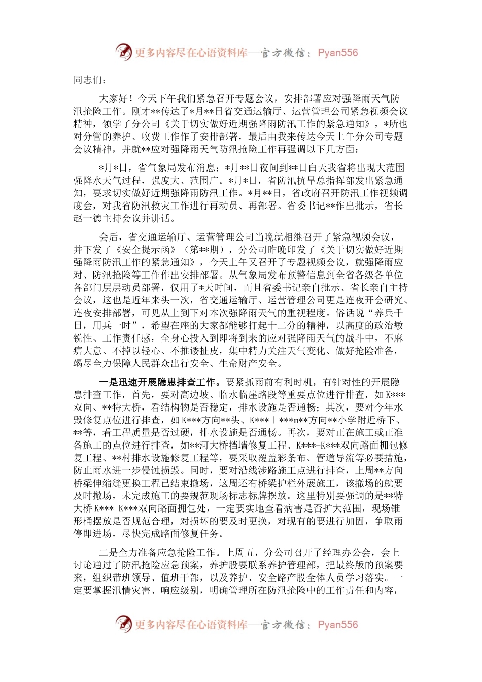在应对强降雨天气防汛抢险专题会议上的讲话.docx_第1页