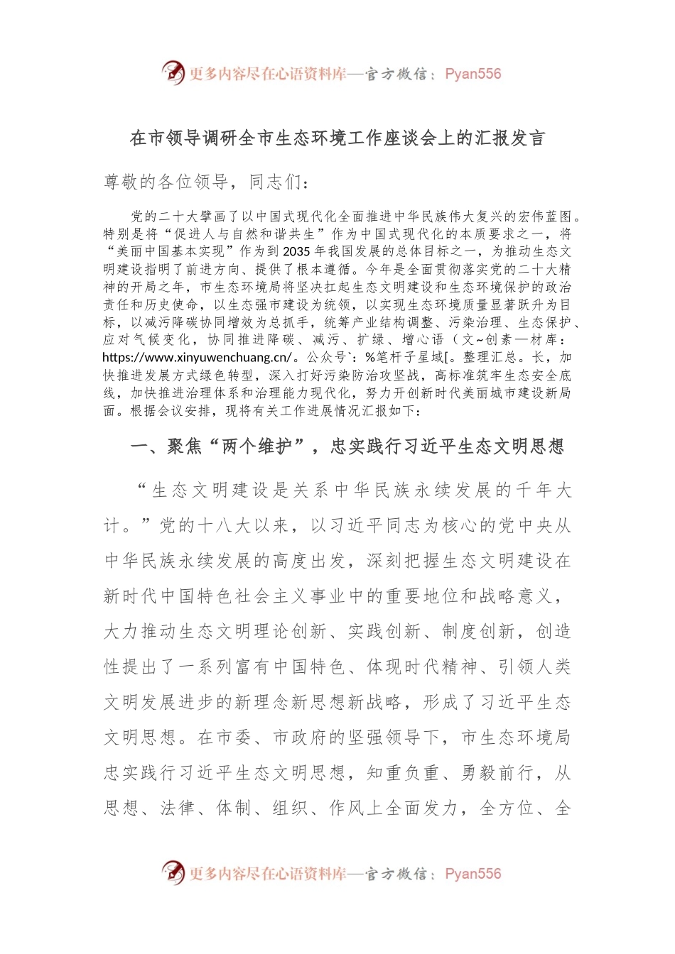 在市领导调研全市生态环境工作座谈会上的汇报发言.docx_第1页