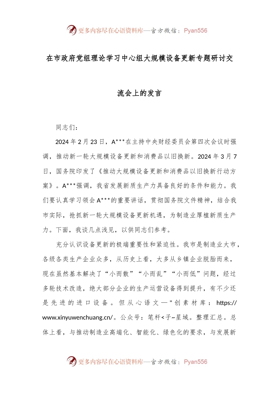 在市政府党组理论学习中心组大规模设备更新专题研讨交流会上的发言.docx_第1页