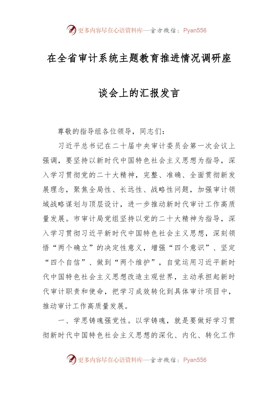 在全省审计系统主题教育推进情况调研座谈会上的汇报发言.docx_第1页