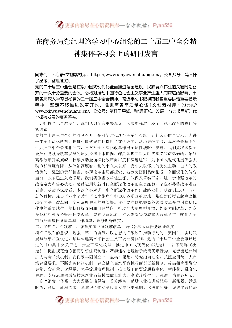 在商务局党组理论学习中心组党的二十届三中全会精神集体学习会上的研讨发言.docx_第1页