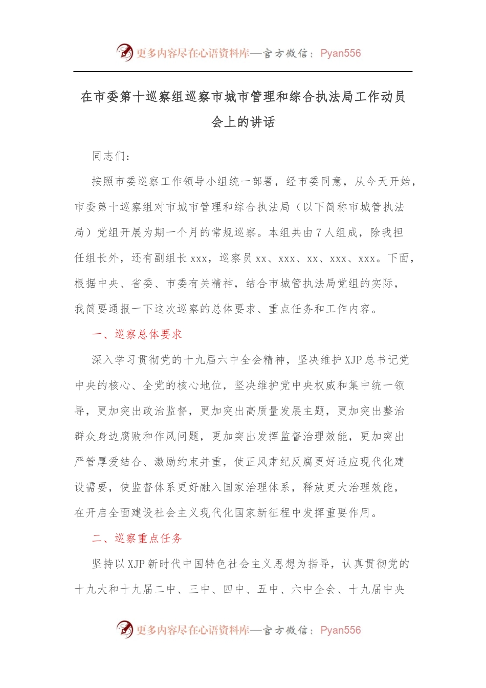 在市委第十巡察组巡察市城市管理和综合执法局工作动员会上的讲话.docx_第1页