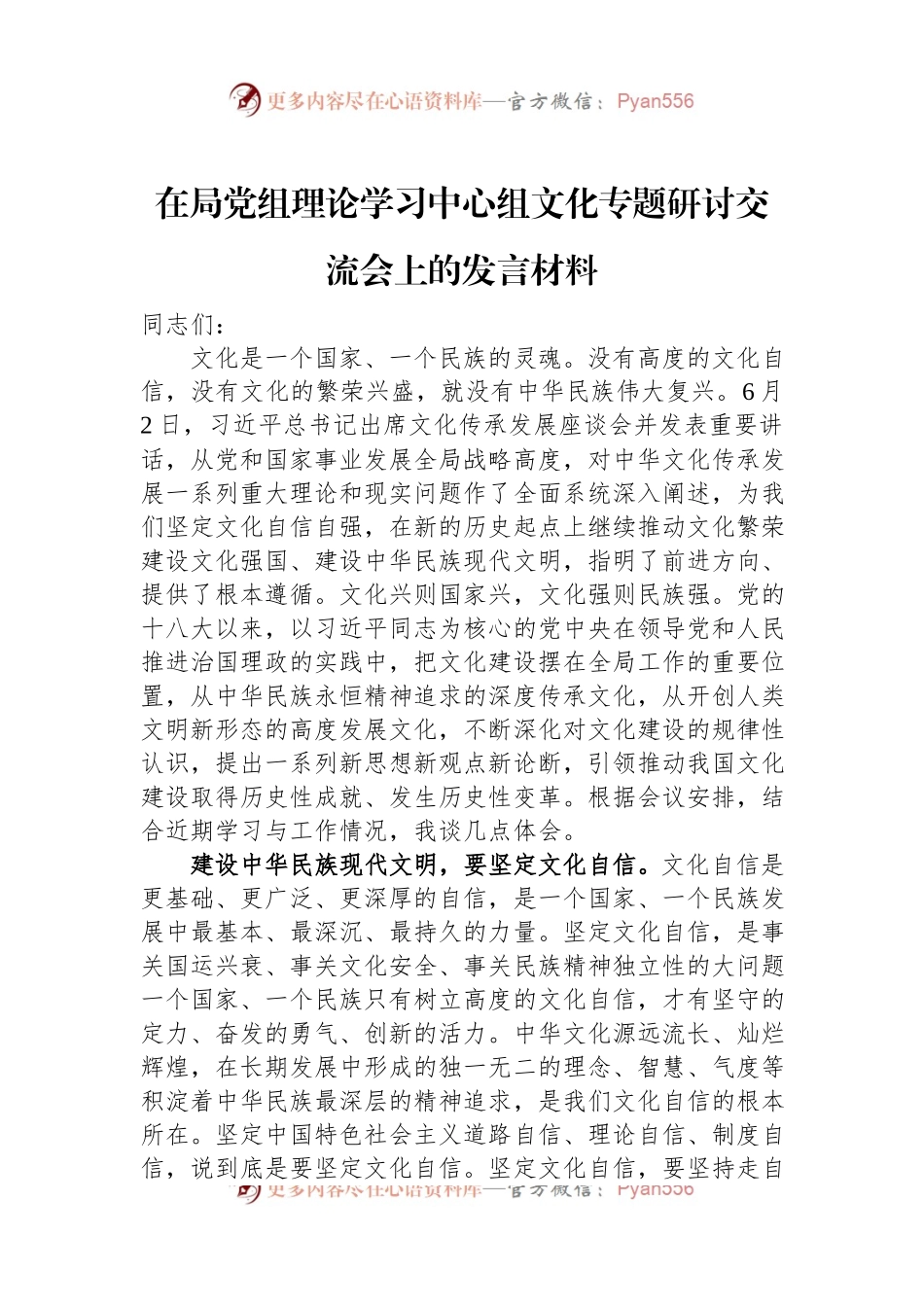 在局党组理论学习中心组文化专题研讨交流会上的发言材料.docx_第1页