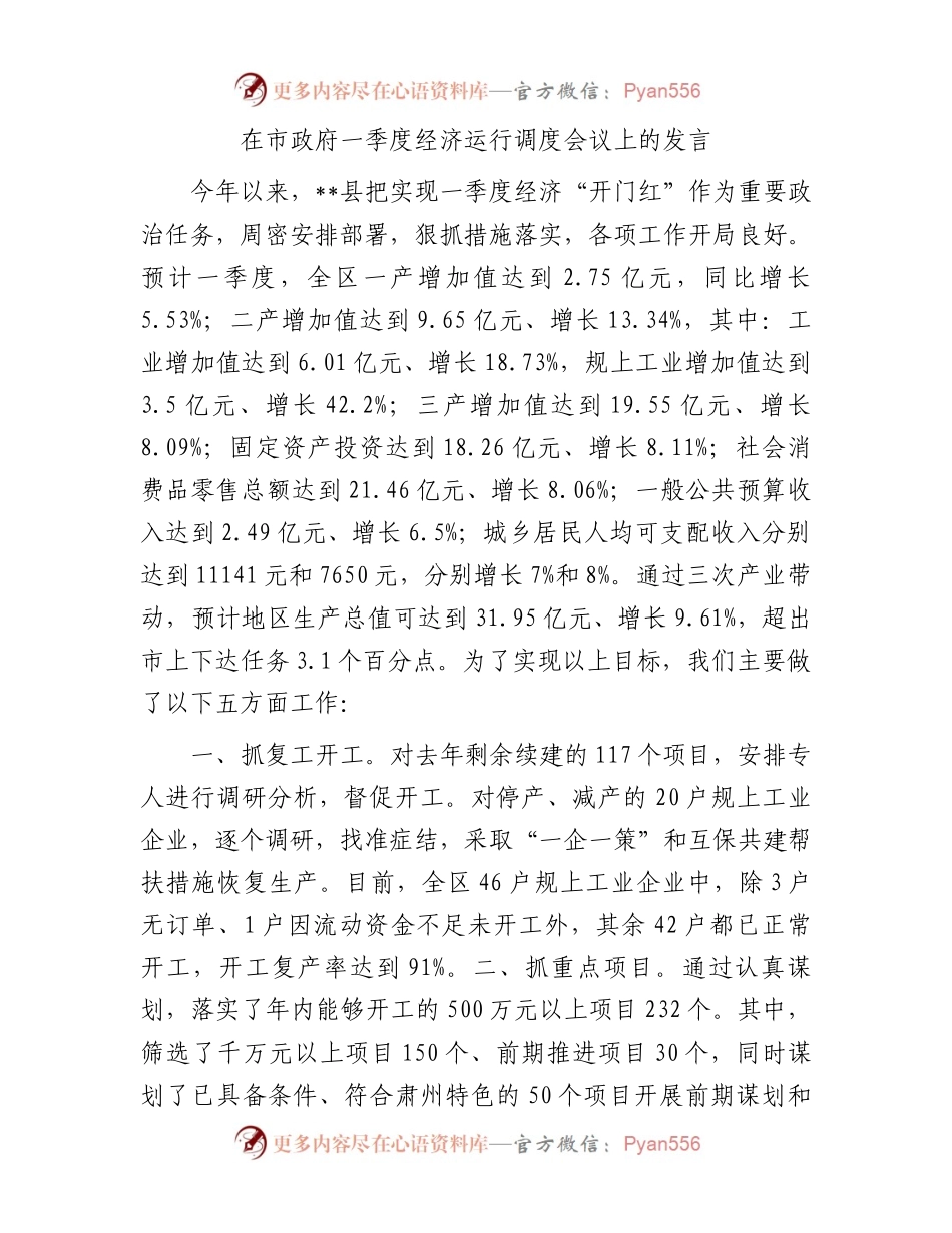 在市政府一季度经济运行调度会议上的发言.docx_第1页