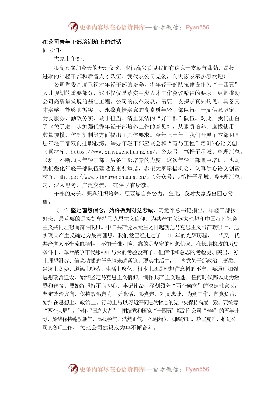 在公司青年干部培训班上的讲话.docx_第1页