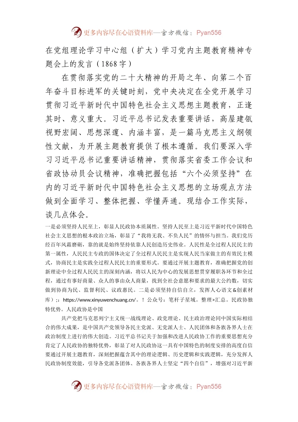 在党组理论学习中心组（扩大）学习党内主题教育精神专题会上的发言.docx_第1页