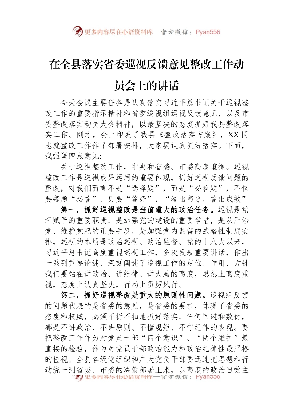 在全县落实省委巡视反馈意见整改工作动员会上的讲话.docx_第1页