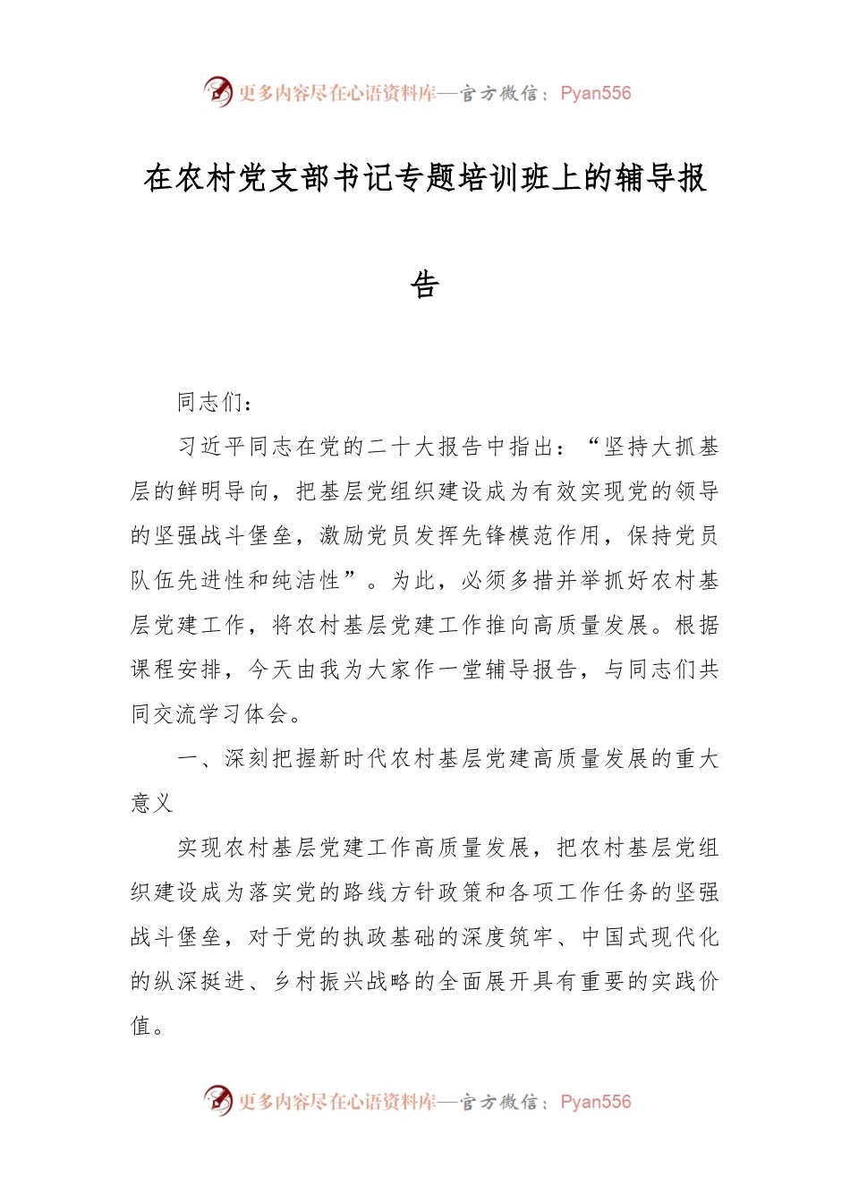 在农村党支部书记专题培训班上的辅导报告.docx_第1页