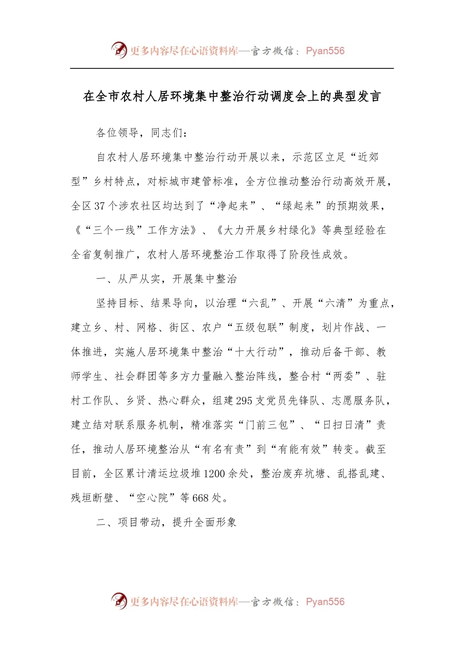 在全市农村人居环境集中整治行动调度会上的典型发言.docx_第1页