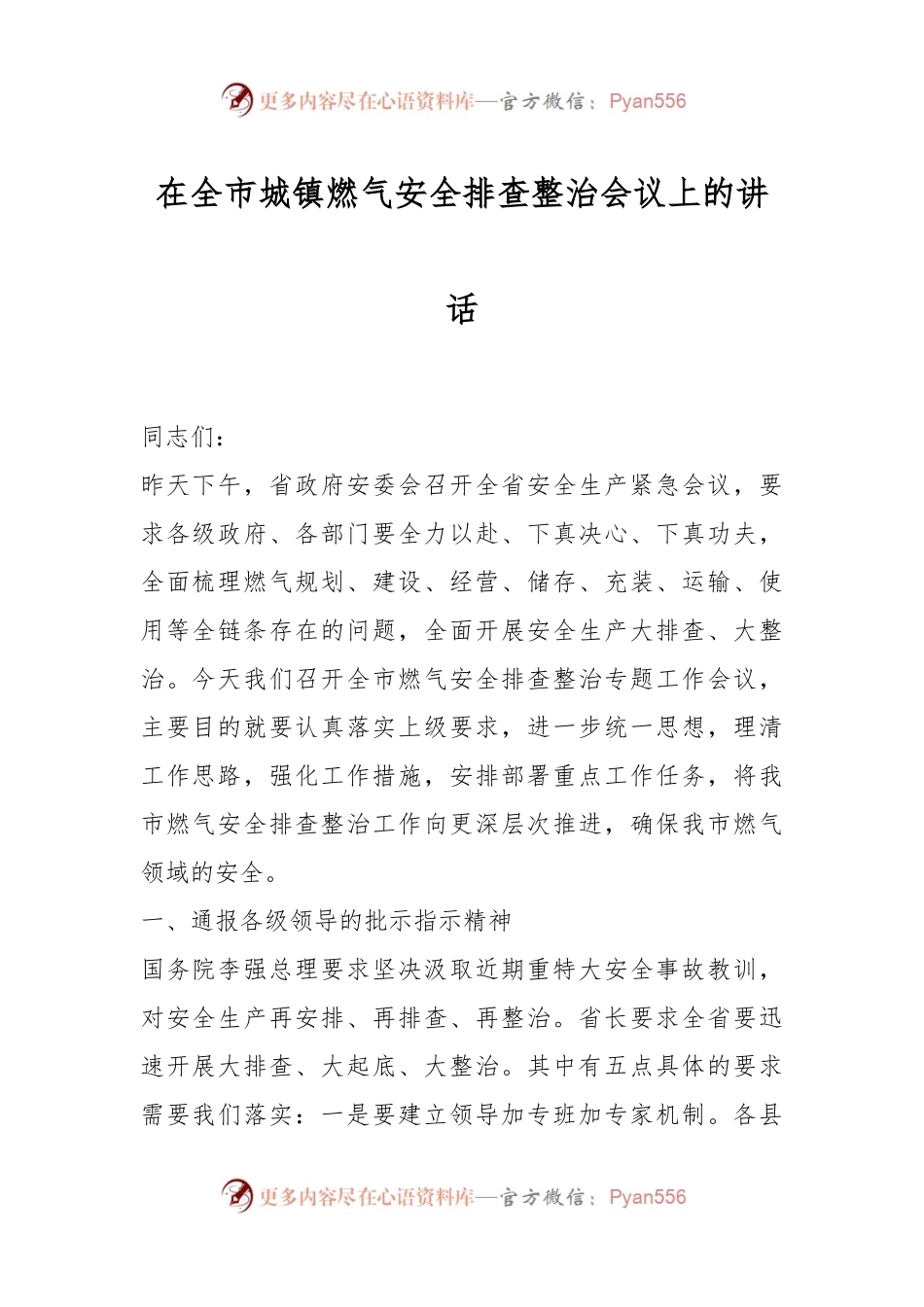在全市城镇燃气安全排查整治会议上的讲话稿.docx_第1页