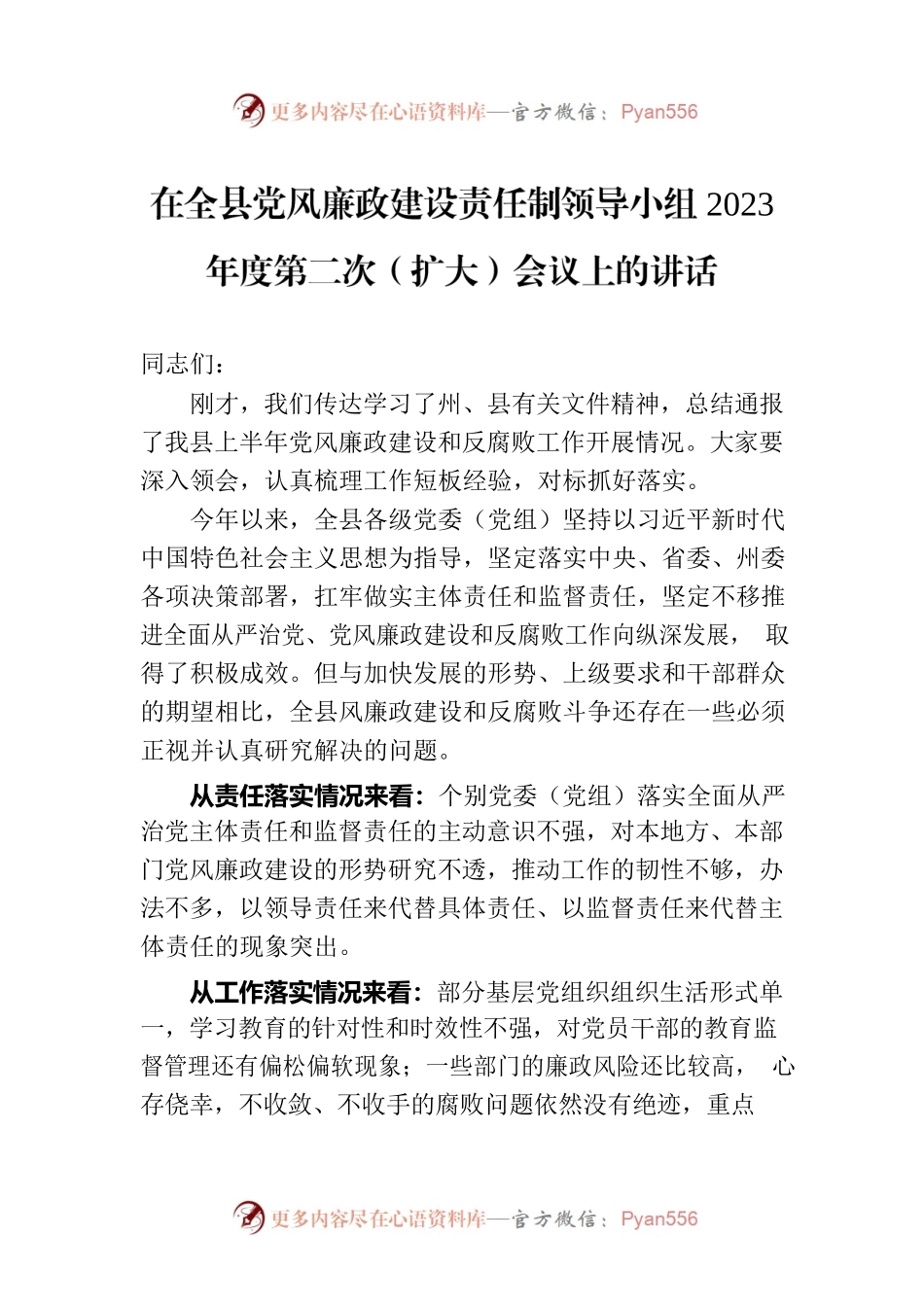 在全县党风廉政建设责任制领导小组2023年度第二次（扩大）会议上的讲话.docx_第1页
