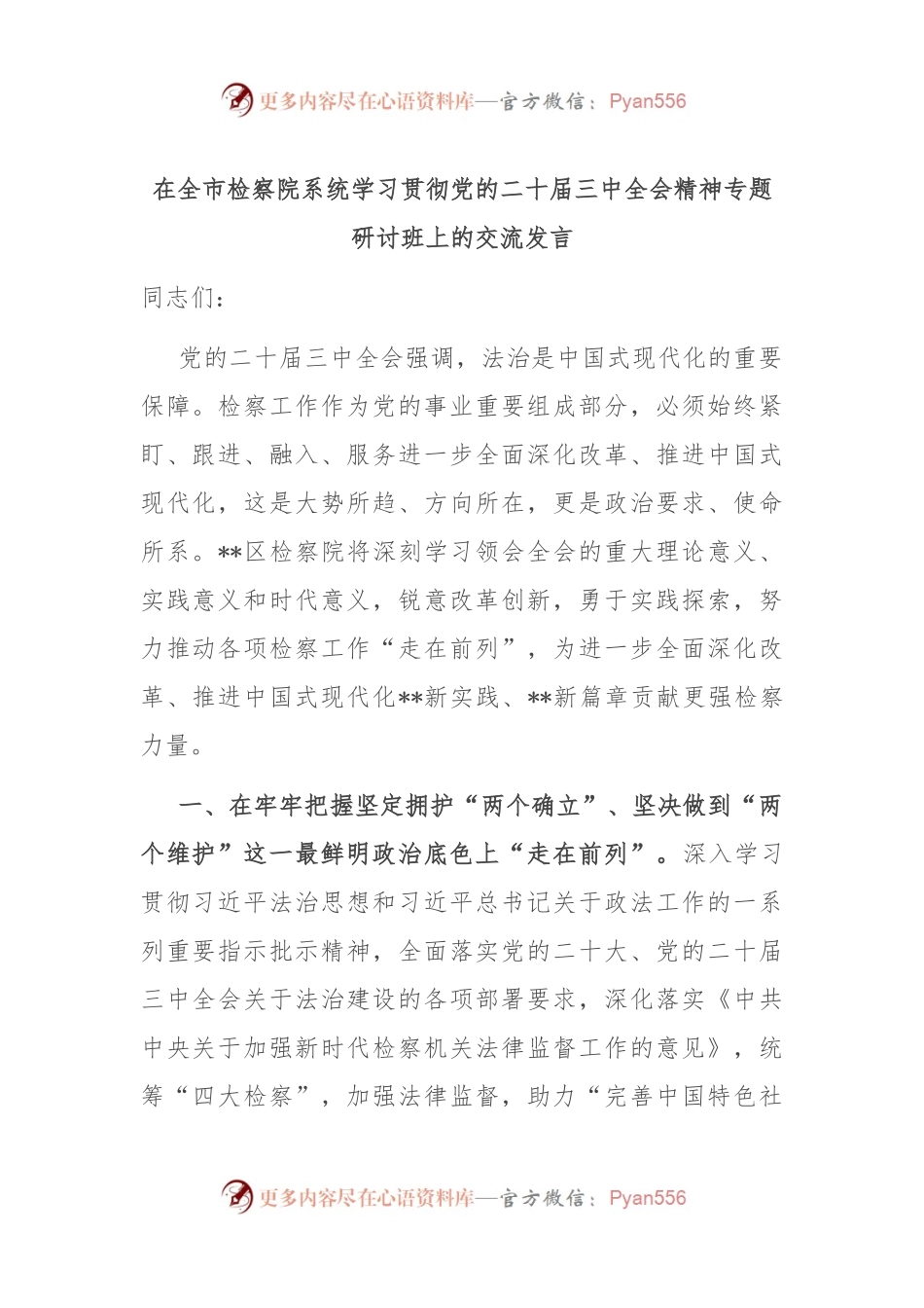 在全市检察院系统学习贯彻党的二十届三中全会精神专题研讨班上的交流发言.docx_第1页