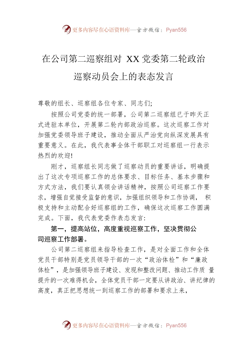 在公司第二巡察组对XX党委第二轮政治巡察动员会上的表态发言.docx_第1页