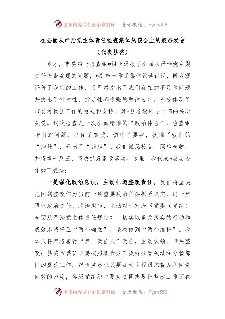 在全面从严治党主体责任检查集体约谈会上的表态发言.docx_第1页