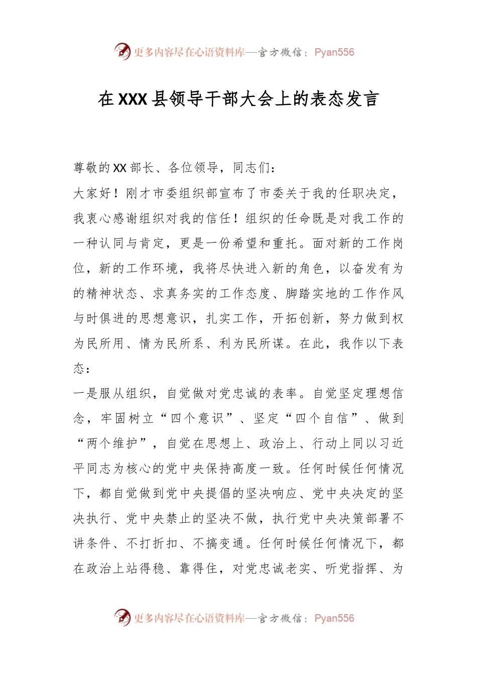 在XXX县领导干部大会上的表态发言.docx_第1页