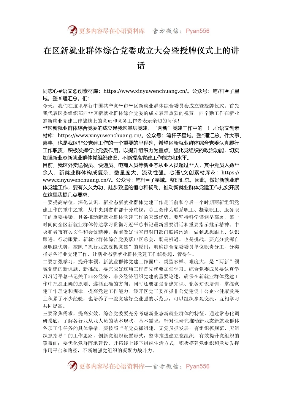 在区新就业群体综合党委成立大会暨授牌仪式上的讲话.docx_第1页