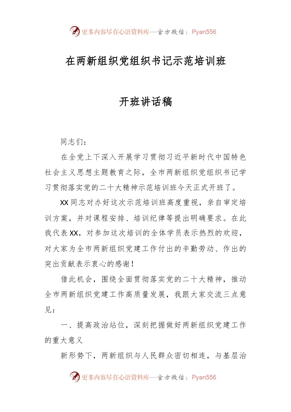 在两新组织党组织书记示范培训班开班讲话稿.docx_第1页