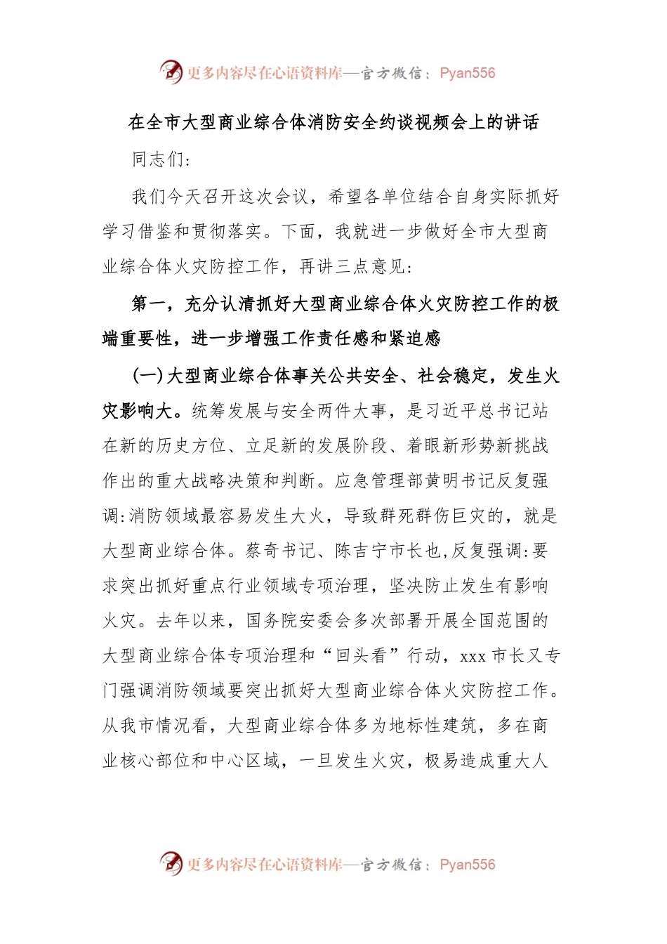 在全市大型商业综合体消防安全约谈视频会上的讲话.docx_第1页